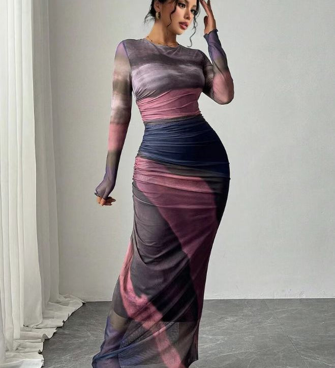 Natalia | Vestido Maxi Bodycon de Manga Larga Impreso y Cómodo