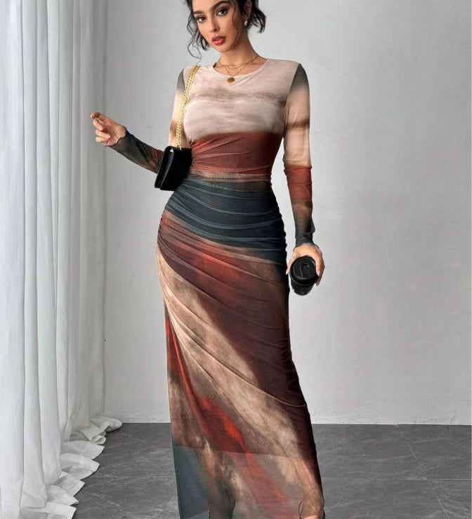 Natalia | Vestido Maxi Bodycon de Manga Larga Impreso y Cómodo