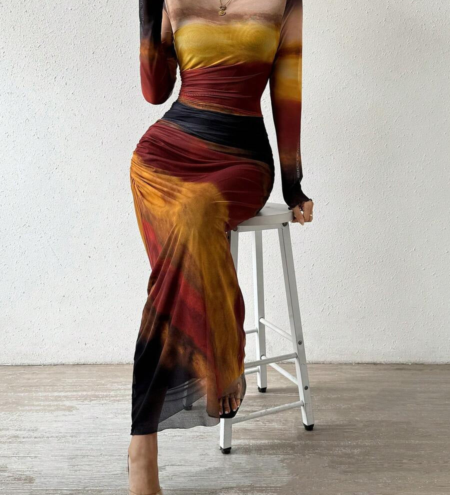 Natalia | Vestido Maxi Bodycon de Manga Larga Impreso y Cómodo