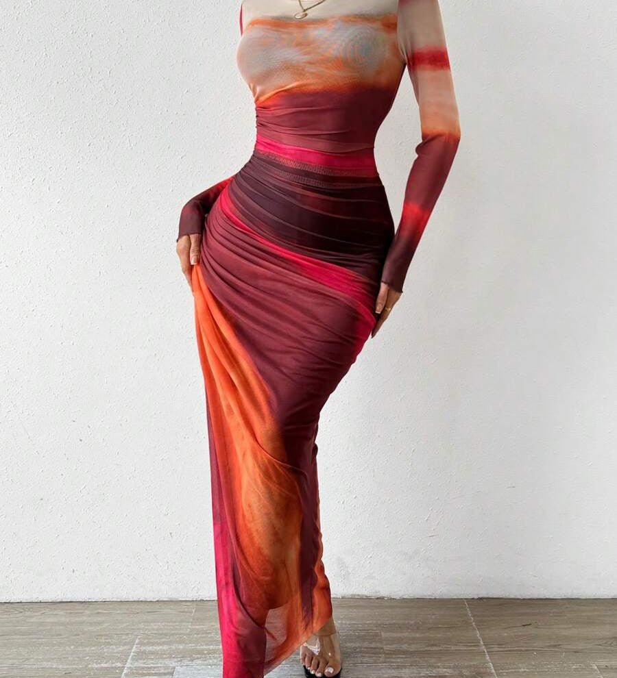 Natalia | Vestido Maxi Bodycon de Manga Larga Impreso y Cómodo